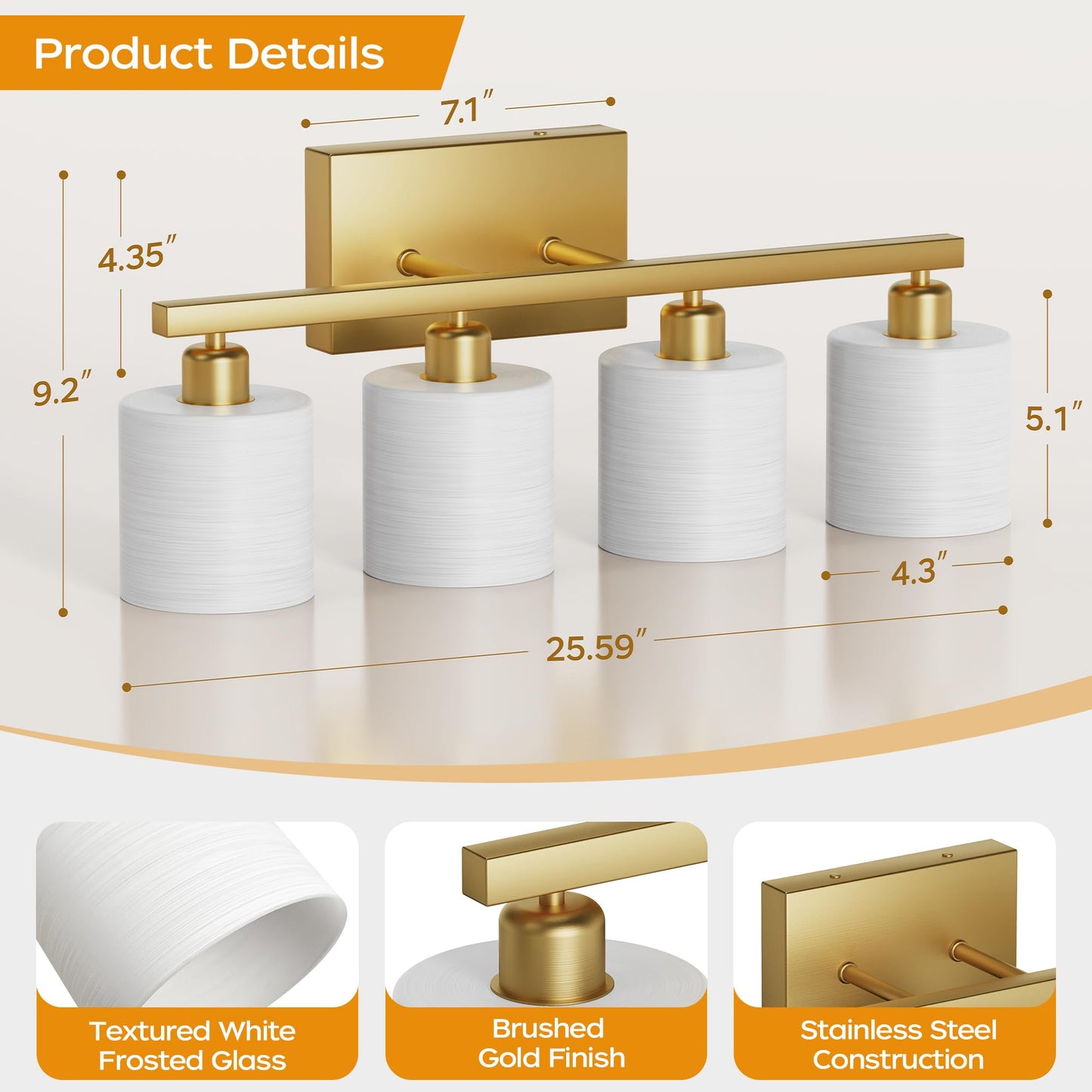 PARTPHONER Bathroom Light Fixtures, Bathroom Lighting Fixtures Over Mirror, Interior Classic Vanity Lights, Modern Bathroom Vanity Light with Textured White Glass Shade, Brushed Nickel, 3-Light