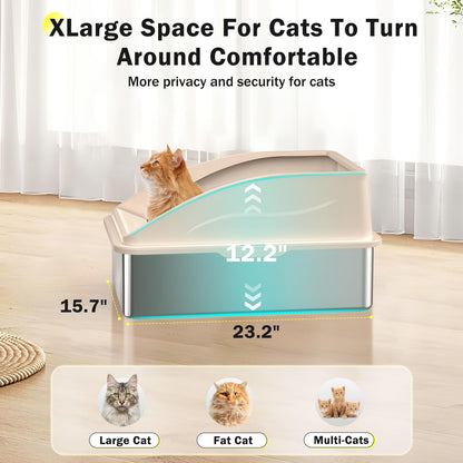 Stainless Steel Cat Litter Box, Extra Large Litter Boxes for Big Cats, Anti-Urine Leakage XL Litter Box with High Sides, Xlarge Metal Litter Box with Lid, Easy Clean, Non-Sticky, Cat Mat & Metal Scoop