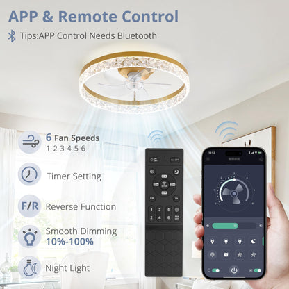 LEDIARY 20" Modern Ceiling Fans with Lights and Remote, Dimmable Low Profile Ceiling Fan, Flush Mount Ceiling Fan, Stepless Color Temperature Change and 6 Speeds - White