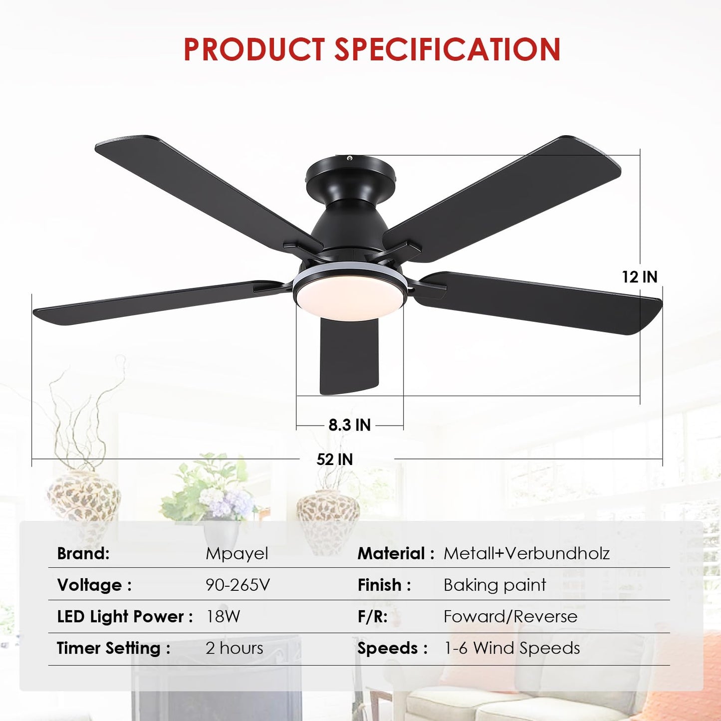Ceiling Fans with Lights- 52" Low Profile Indoor Ceiling Fan with Light and Remote/APP Control, Flush Mount, LED Dimmable DC Reversible Modern Ceiling Fan for Bedroom（Black）