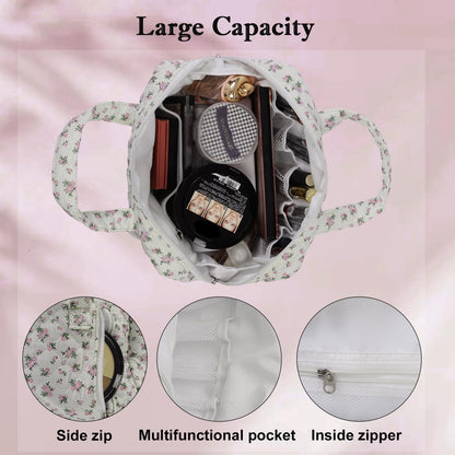 Cute Makeup Bag for Women(2 Pcs), Travel Cosmetic Bags, Quilted Coquette Aesthetic Floral Toiletry Organizer Bag (NavyBlue Flower)
