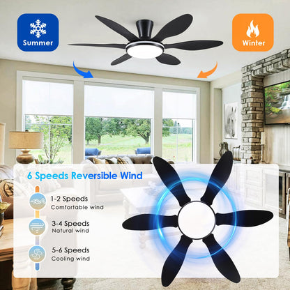 Ceiling Fans with Lights, 51 inch Modern Black Low Profile Ceiling Fan with Light and Remote App Control, Flush Mount, Quiet DC Reversible, Dim Led Ceiling Fan 6 Blade Softer Wind Indoor/Outdoor Patio