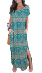 GRECERELLE Women's Casual Loose Pocket Long Dress Short Sleeve Split Maxi Dresses