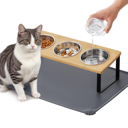 Upgraded Elevated Cat Bowls with Food Mat,15°Tilted Stand Anti Vomiting Raised Cat Dishes for Food and Water,2 Stainless Steel Bowls for Cats and Puppy