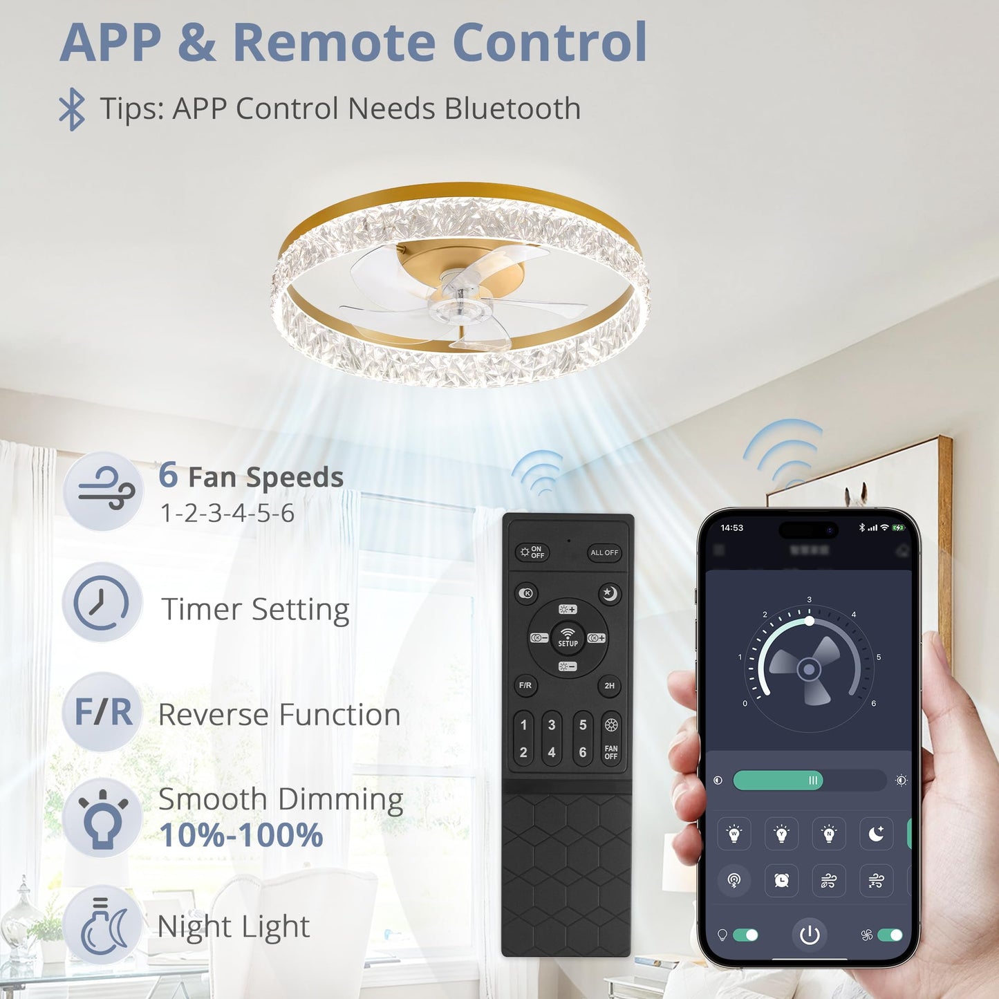 LEDIARY 20" Modern Ceiling Fans with Lights and Remote, Dimmable Low Profile Ceiling Fan, Flush Mount Ceiling Fan, Stepless Color Temperature Change and 6 Speeds - White