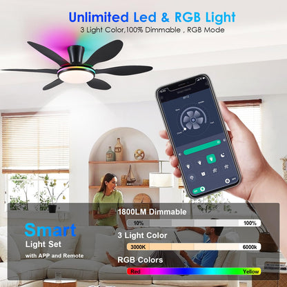 Ceiling Fans with Lights, 51 inch Modern Black Low Profile Ceiling Fan with Light and Remote App Control, Flush Mount, Quiet DC Reversible, Dim Led Ceiling Fan 6 Blade Softer Wind Indoor/Outdoor Patio