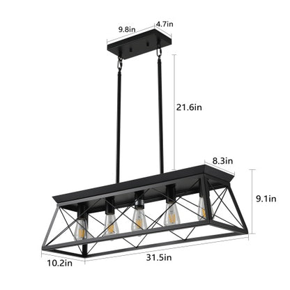 5 Lamps Farmhouse Chandelier For Dining Room, Metal Rustic Chandelier Island Lamp, Modern Rectangular Island Lamp For Kitchen, Living Room Pure Black - No Bulbs