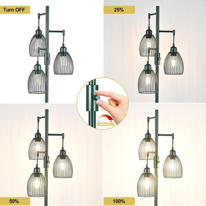 Dimmable Industrial Floor Lamps for Living Room, Gold Tree Standing Tall Lamps with 3 Elegant Teardrop Cage Head & 800 Lumens LED Bulbs for Bedroom Office