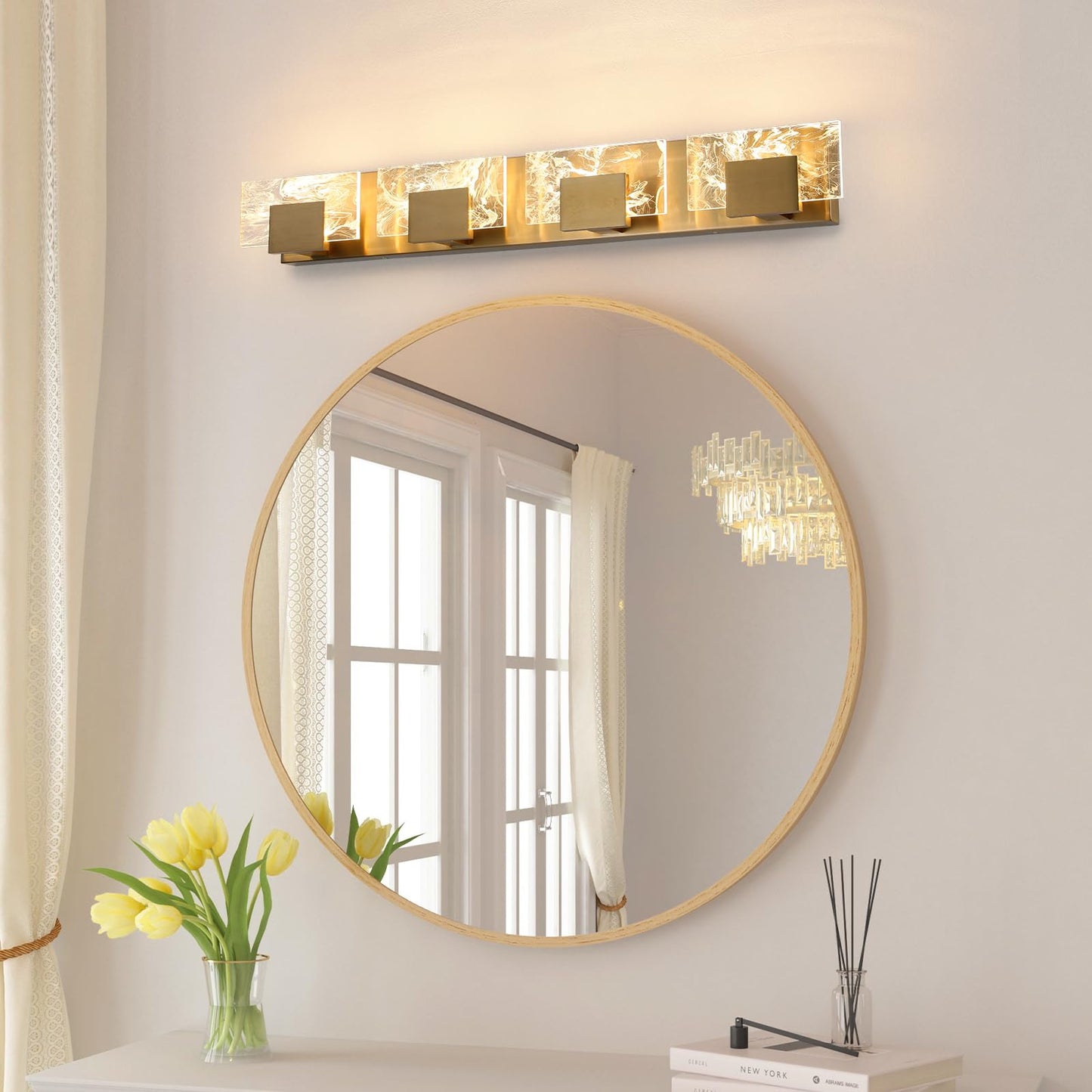LED Bathroom Vanity Light: 24 inch Brushed Gold Acrylic Modern Lighting Fixtures - 3 Lights Contemporary Smoke Design Wall Lights Fixture Over Mirror 3000K