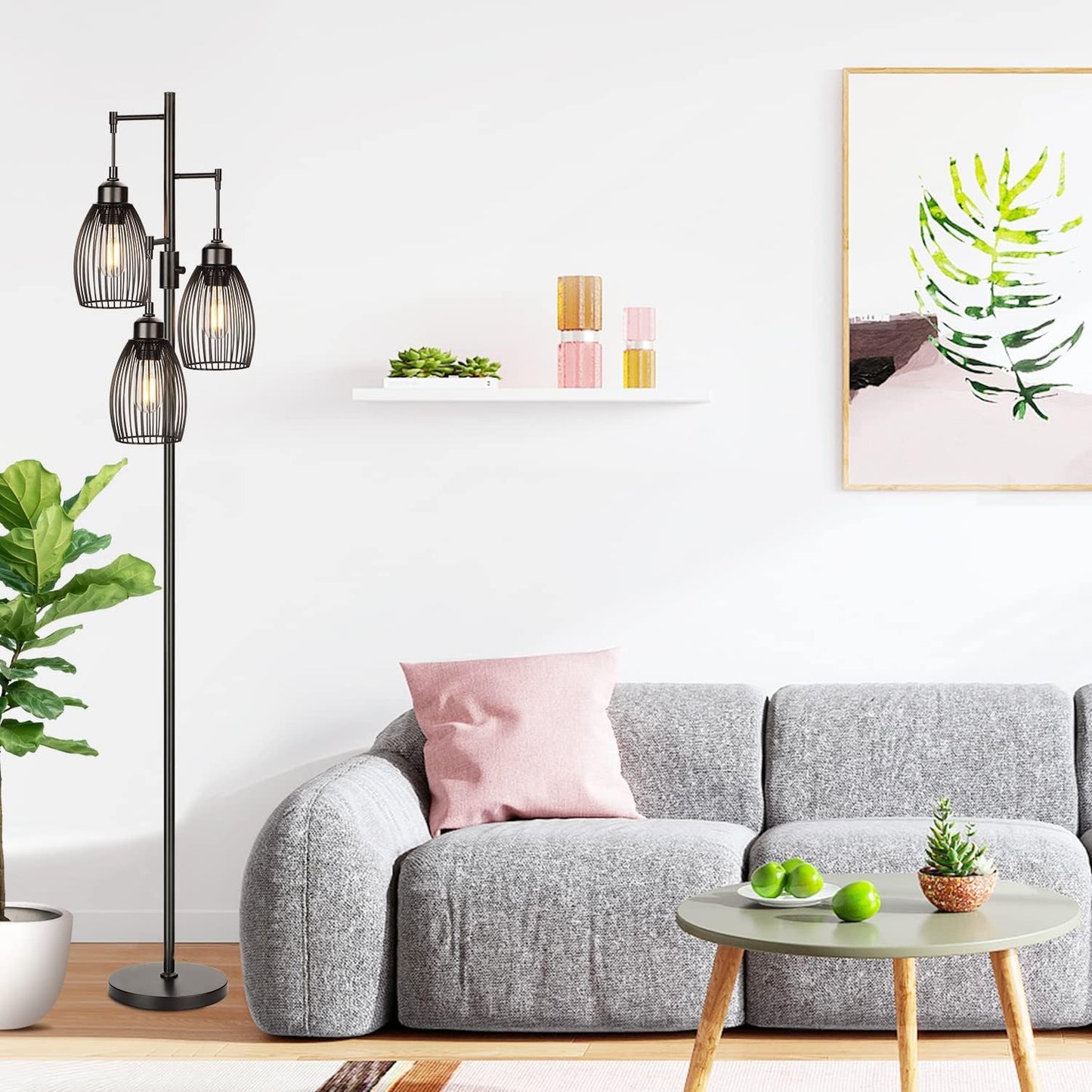 Dimmable Industrial Floor Lamps for Living Room, Gold Tree Standing Tall Lamps with 3 Elegant Teardrop Cage Head & 800 Lumens LED Bulbs for Bedroom Office