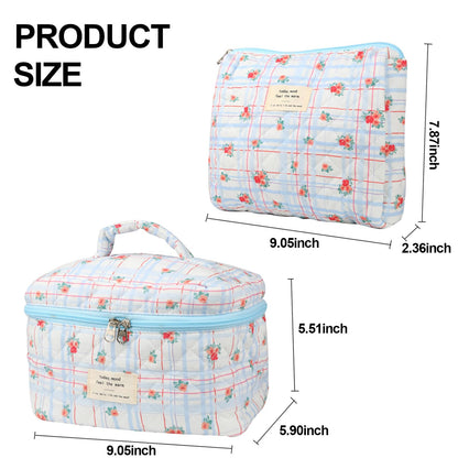 Cute Makeup Bag for Women(2 Pcs), Travel Cosmetic Bags, Quilted Coquette Aesthetic Floral Toiletry Organizer Bag (NavyBlue Flower)