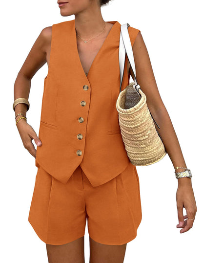 PRETTYGARDEN Women's Summer 2 Piece Outfits Sleeveless Matching Sets Button Down V Neck Vest Waistcoat and Pockets Shorts