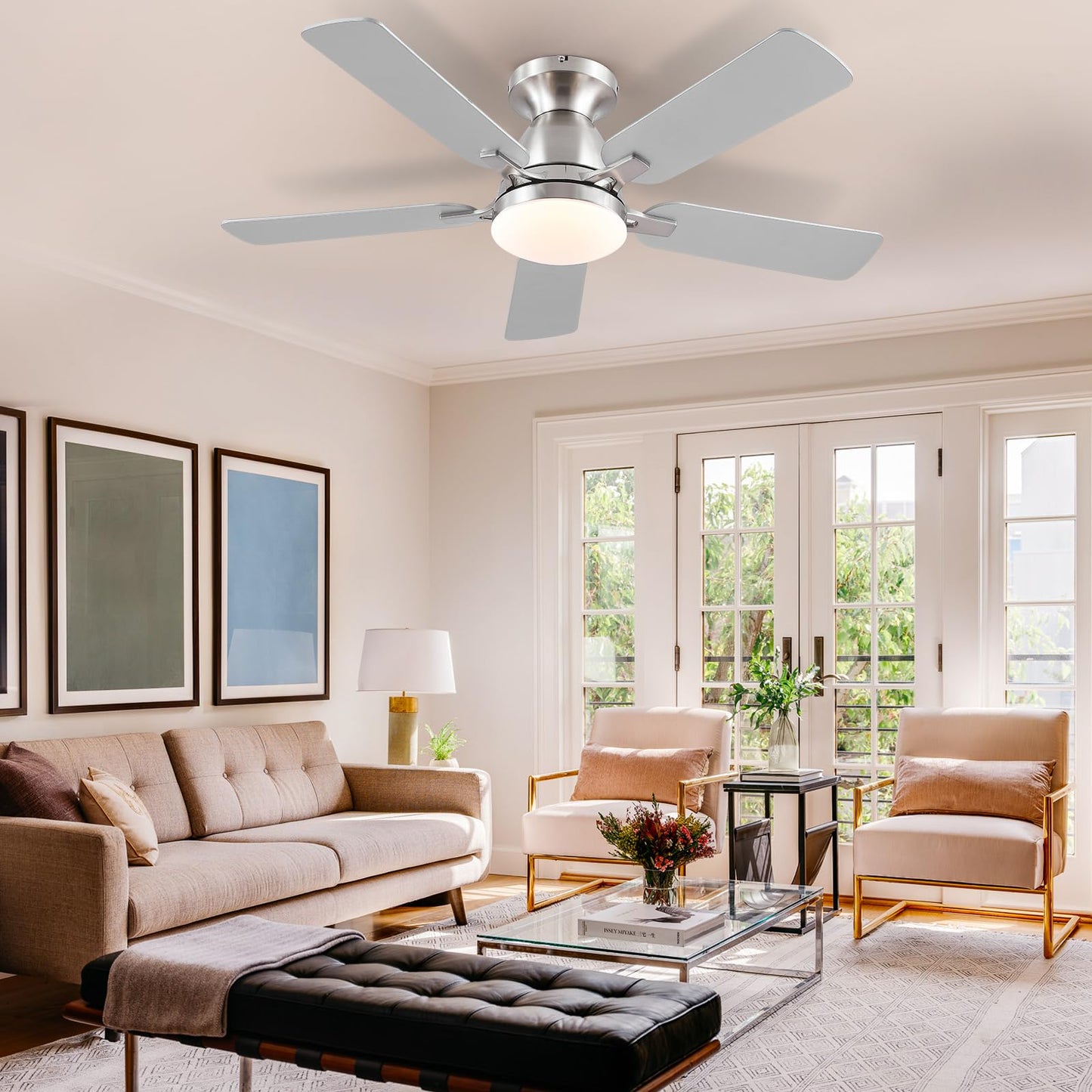 Ceiling Fans with Lights- 52" Low Profile Indoor Ceiling Fan with Light and Remote/APP Control, Flush Mount, LED Dimmable DC Reversible Modern Ceiling Fan for Bedroom（Black）