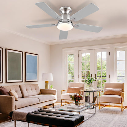 Ceiling Fans with Lights- 46" Low Profile Indoor Ceiling Fan with Light and Remote/APP Control, Flush Mount, LED Dimmable DC Reversible Modern Ceiling Fan for Bedroom（Black）