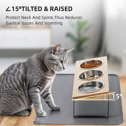 Upgraded Elevated Cat Bowls with Food Mat,15°Tilted Stand Anti Vomiting Raised Cat Dishes for Food and Water,2 Stainless Steel Bowls for Cats and Puppy