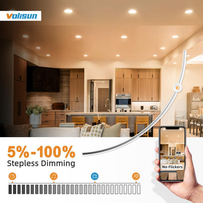 VOLISUN 24 Pack 4 inch Recessed Lighting, 5CCT LED Recessed Light with Junction Box, 2700K-5000K Selectable, 9.5W Eqv 80W, 810LM Dimmable Canless Wafer Downlight, LED Ceiling Light ETL Certificated
