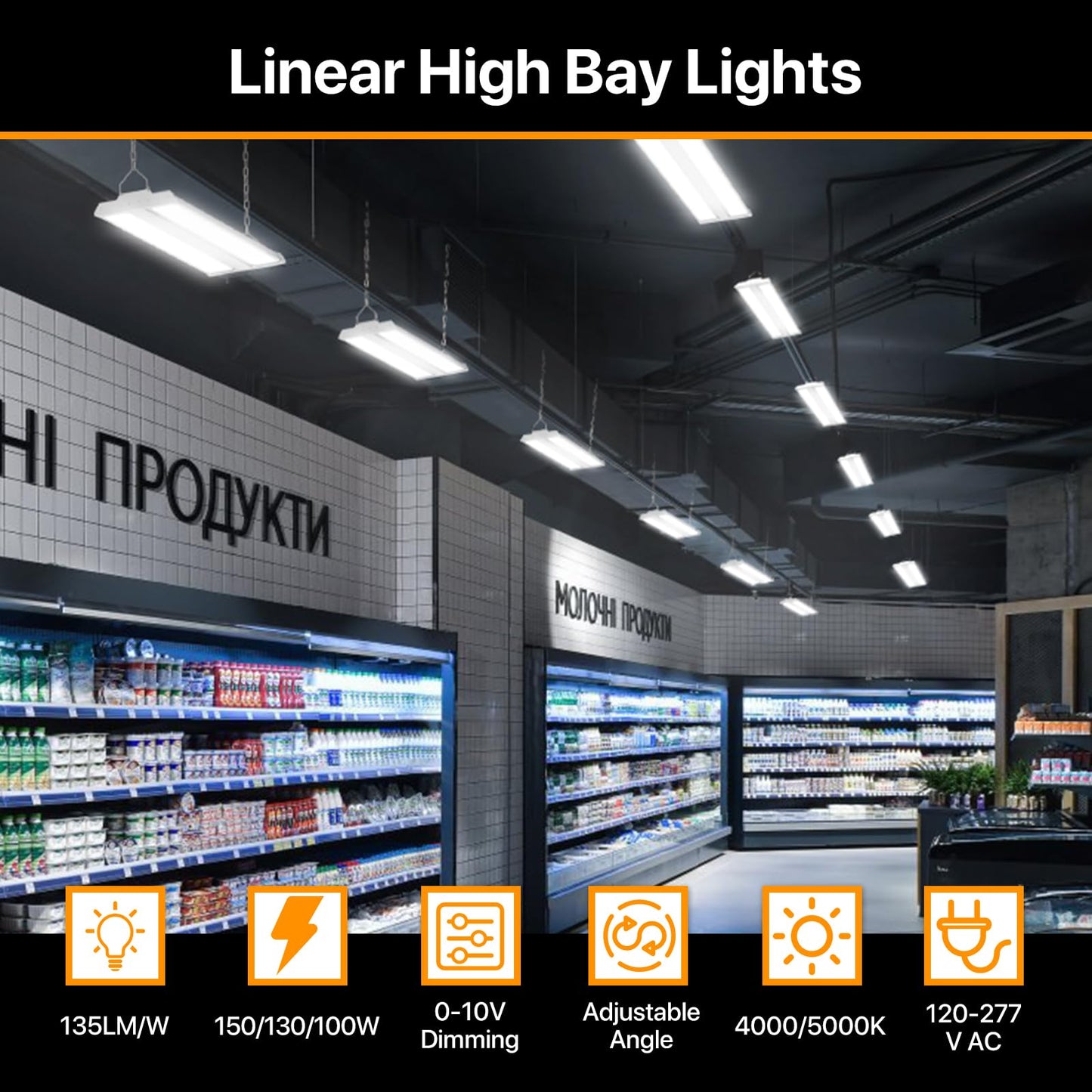 High Bay Led Shop Lights 150W 2Pack 4000K/5000K Switchable Linear High Bay Light Directional 0-10V Dimmable 100-277V Hardwire 135LM/W Commercial Lighting for Warehouse, Workshop, Supermarket