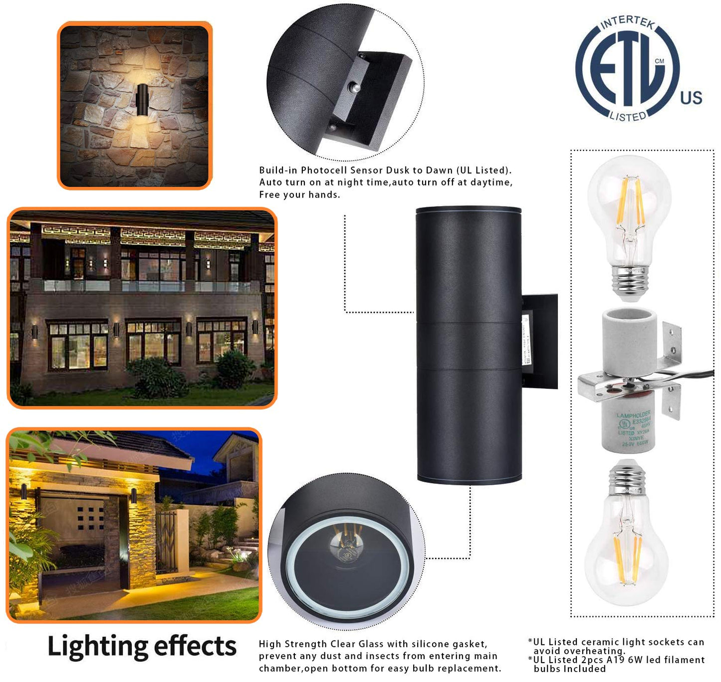 Outdoor Wall Lights Dusk to Dawn Exterior Lighting Fixtures Wall Mount - 2 Light Bulbs Included, Modern Sconces Wall Lighting- Up Down Exterior Outdoor Lights for Porch, Backyard and Patio