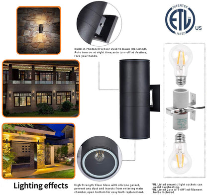 Outdoor Wall Lights Dusk to Dawn Exterior Lighting Fixtures Wall Mount - 2 Light Bulbs Included, Modern Sconces Wall Lighting- Up Down Exterior Outdoor Lights for Porch, Backyard and Patio