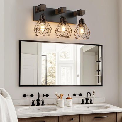Farmhouse Vanity Light for Bathroom, 3-Light Wood Bathroom Vanity Light Fixtures Over Mirror, Rustic Sconces Wall Lighting with Metal Lampshade for Living Room, Bedroom, Hallway