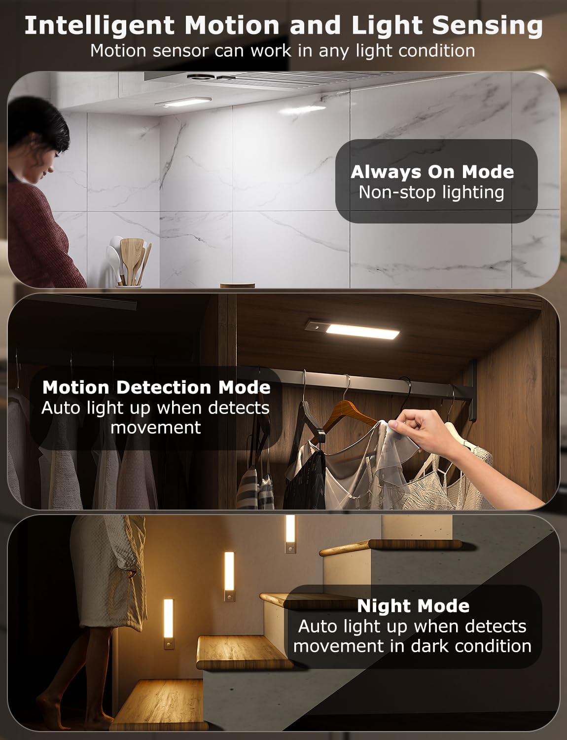 12" Thin Motion-Activated Under Cabinet Lighting, Aluminum Alloy Under Counter Lights for Kitchen, 3-Color-Temps Magnetic Closet Lights, Rechargeable Motion Sensor Light Indoor (4Pack, Silver)