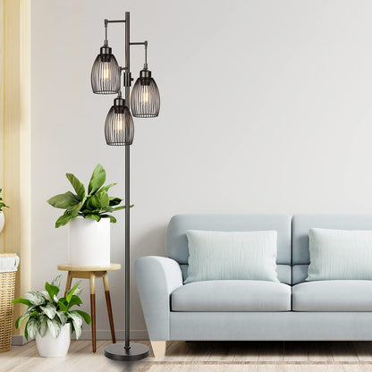 Dimmable Industrial Floor Lamps for Living Room, Gold Tree Standing Tall Lamps with 3 Elegant Teardrop Cage Head & 800 Lumens LED Bulbs for Bedroom Office