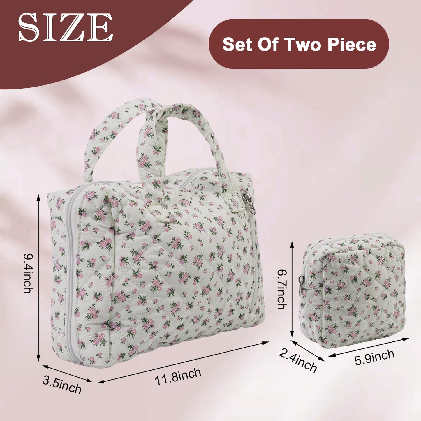 Cute Makeup Bag for Women(2 Pcs), Travel Cosmetic Bags, Quilted Coquette Aesthetic Floral Toiletry Organizer Bag (NavyBlue Flower)