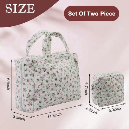 Cute Makeup Bag for Women(2 Pcs), Travel Cosmetic Bags, Quilted Coquette Aesthetic Floral Toiletry Organizer Bag (NavyBlue Flower)