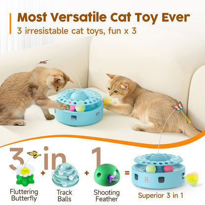 Potaroma Cat Toys 3in1 Automatic Interactive Kitten Toy, Fluttering Butterfly, Moving Ambush Feather, Track Balls, Dual Power Supplies, USB Powered, Indoor Exercise Kicker (Bright White)