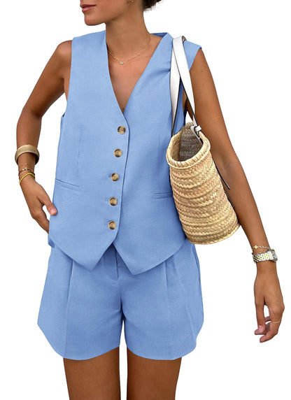 PRETTYGARDEN Women's Summer 2 Piece Outfits Sleeveless Matching Sets Button Down V Neck Vest Waistcoat and Pockets Shorts