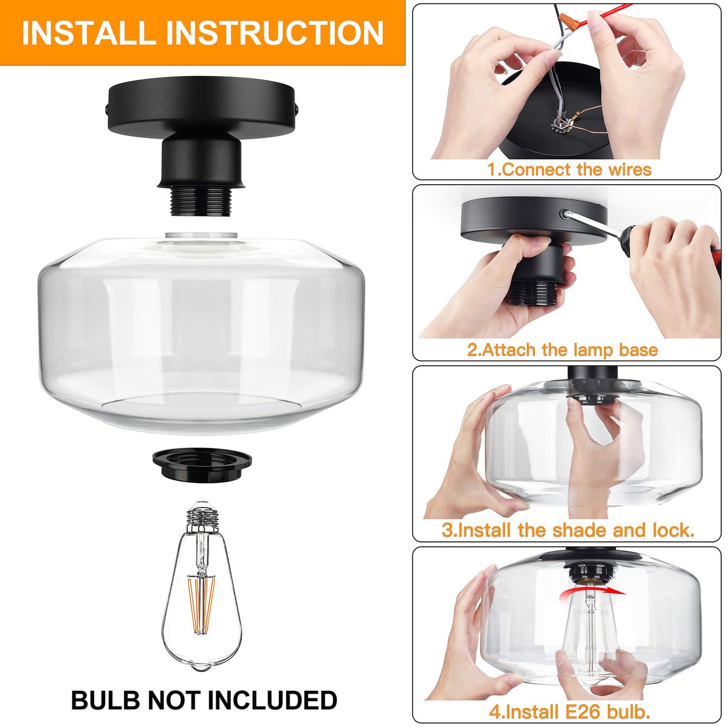 MAXvolador Industrial Semi Flush Mount Ceiling Light, Clear Glass Pendant Lamp Shade, Farmhouse Lighting for Hallway, Vintage Hanging Light Fixtures