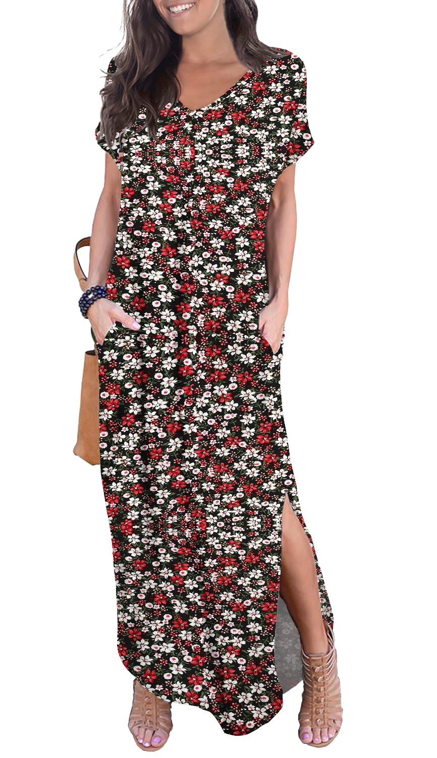 GRECERELLE Women's Casual Loose Pocket Long Dress Short Sleeve Split Maxi Dresses