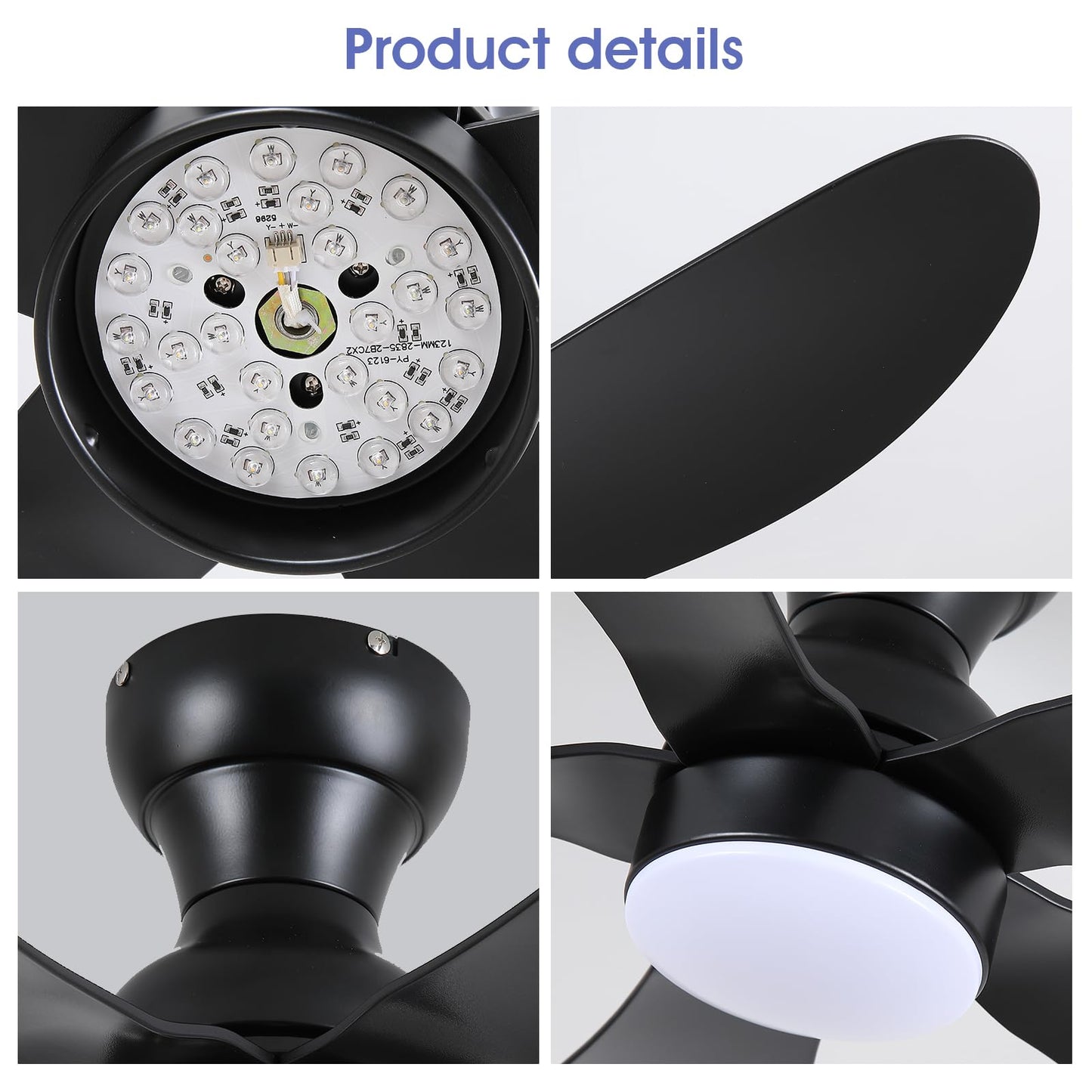 Ceiling Fans with Lights and Remote/APP Control, 30 inch Low Profile Ceiling Fans with 5 Reversible Blades 3 Colors Dimmable 6 Speeds Ceiling Fan for Bedroom Kids Room Dining Room, Black
