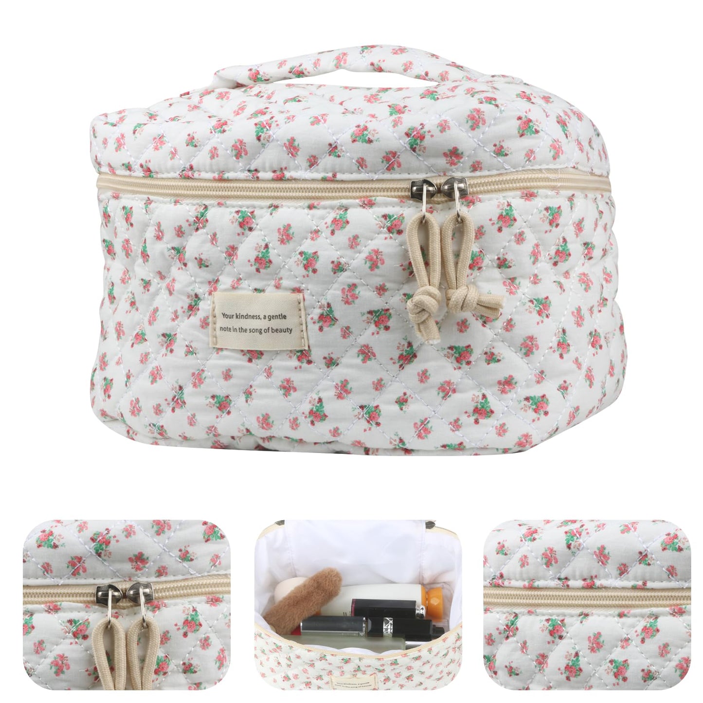 Cute Makeup Bag for Women(2 Pcs), Travel Cosmetic Bags, Quilted Coquette Aesthetic Floral Toiletry Organizer Bag (NavyBlue Flower)