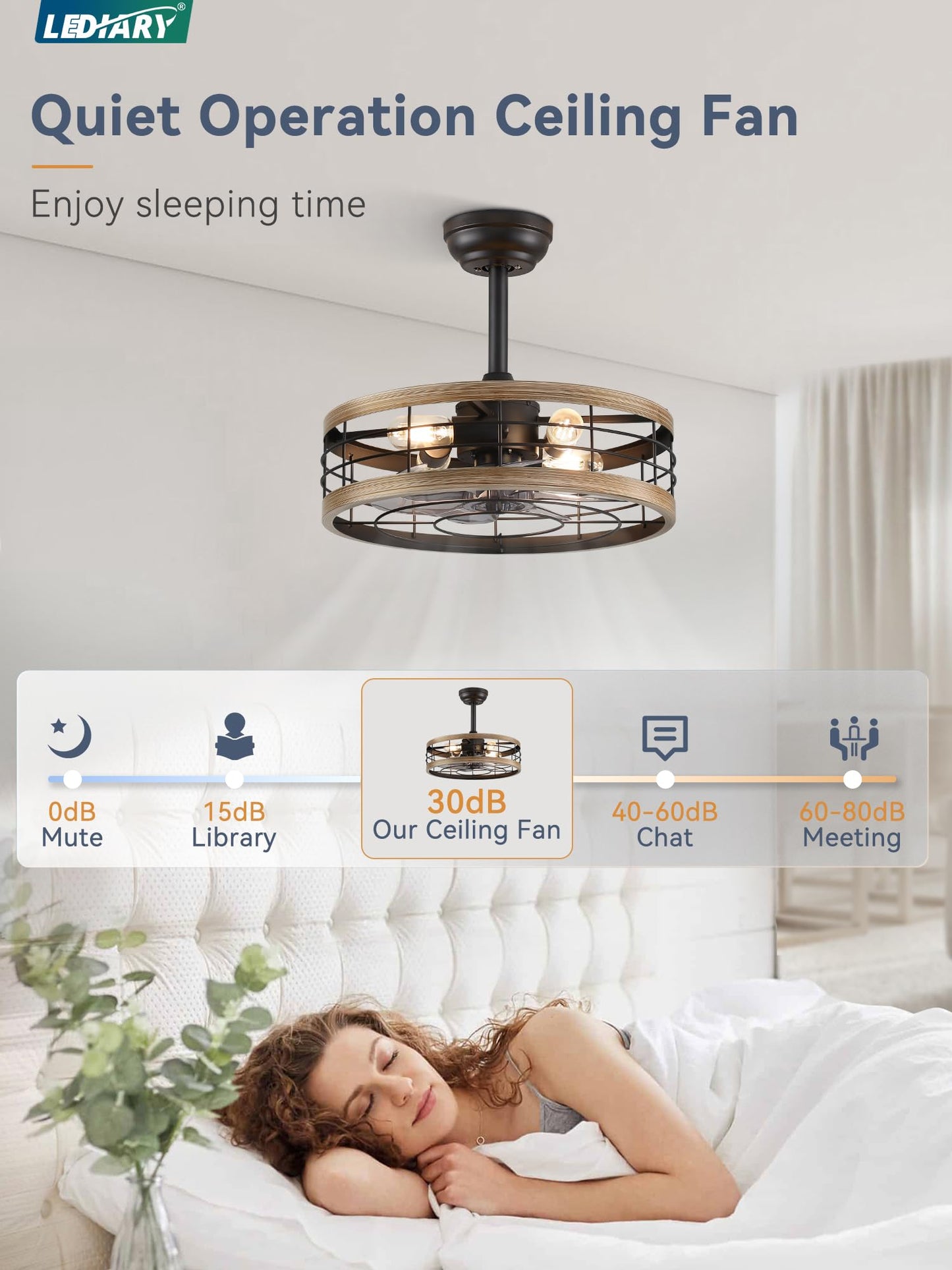 LEDIARY 16.5 inch Black Caged Ceiling Fan with Light, Fandelier Industrial Ceiling Fan with Remote, Farmhouse Fan Lights Ceiling Fixtures for Kitchen, Bedroom, Outdoor（6 Speed, Timing）-Black