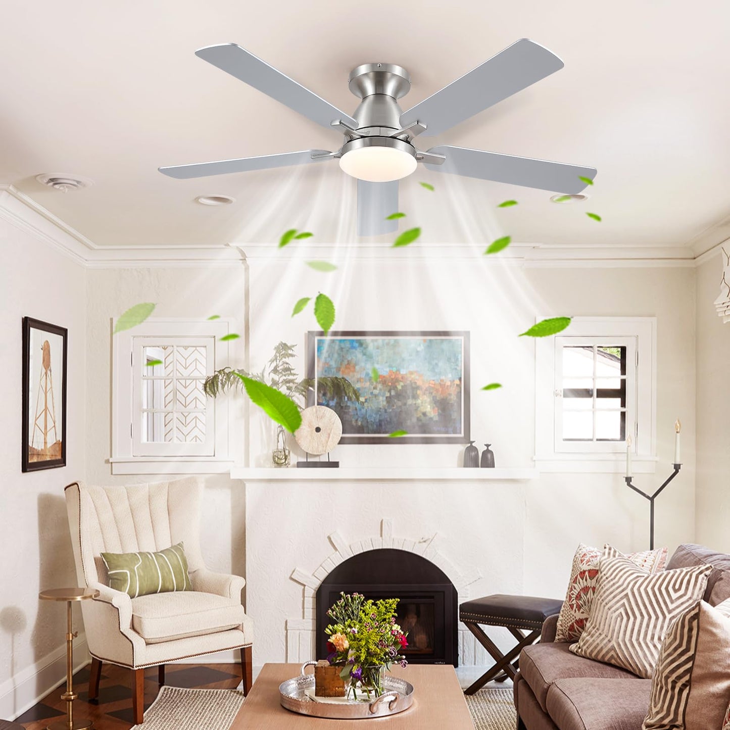 Ceiling Fans with Lights- 52" Low Profile Indoor Ceiling Fan with Light and Remote/APP Control, Flush Mount, LED Dimmable DC Reversible Modern Ceiling Fan for Bedroom（Black）