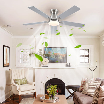 Ceiling Fans with Lights- 52" Low Profile Indoor Ceiling Fan with Light and Remote/APP Control, Flush Mount, LED Dimmable DC Reversible Modern Ceiling Fan for Bedroom（Black）