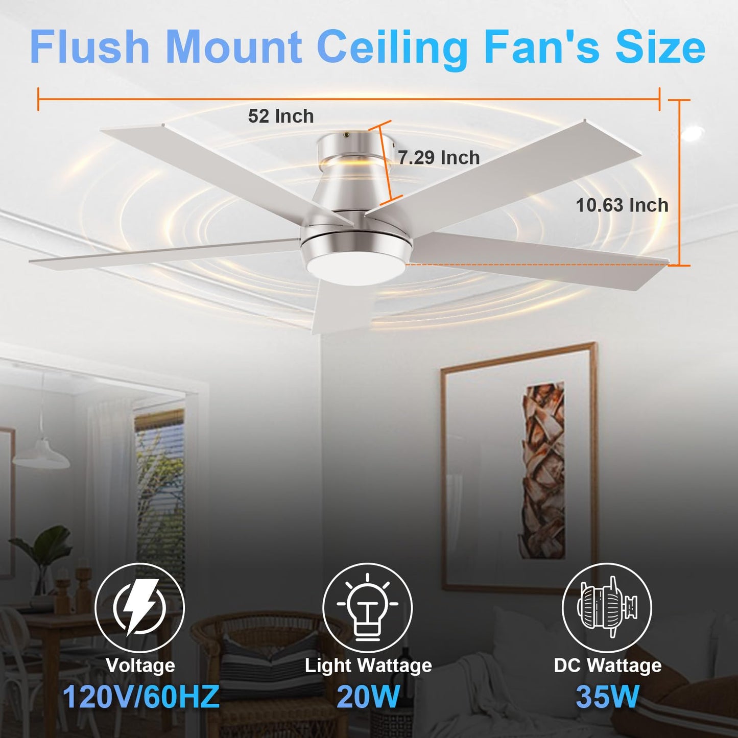 TCL 52" Ceiling Fan with Lights, Black Flush Mount Ceiling Fans with Remote Control, 6 Speeds DC Reversible, Dimmable, Noiseless, Low Profile