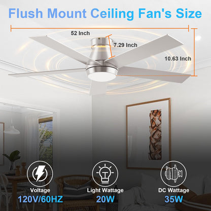 TCL 52" Ceiling Fan with Lights, Black Flush Mount Ceiling Fans with Remote Control, 6 Speeds DC Reversible, Dimmable, Noiseless, Low Profile