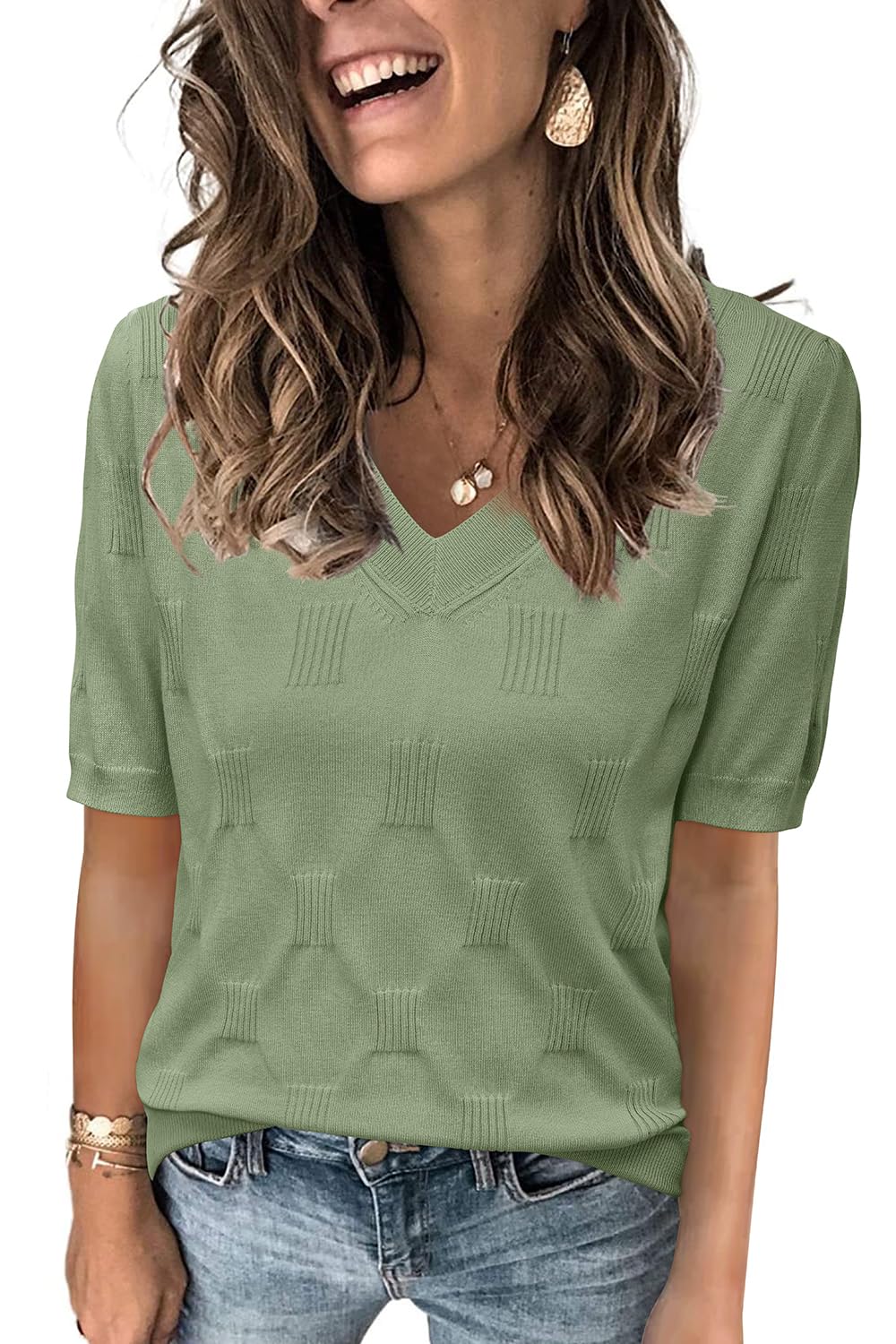 Arach&Cloz Women's Tops 2025 Spring Summer Short Sleeve Sweater Fashion Trendy Dressy Casual Outfit Versatile Knit Blouse