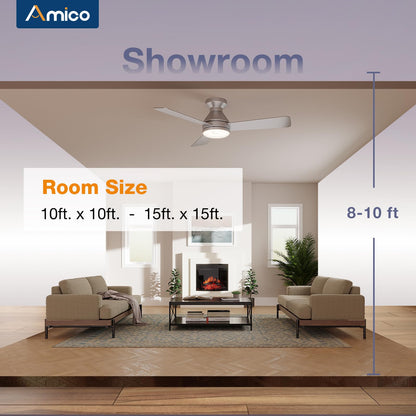 Amico Ceiling Fans with Lights, 42 inch Low Profile Ceiling Fan with Light and Remote Control, Flush Mount, Reversible, 3CCT, Dimmable, Noiseless, White Ceiling Fan for Bedroom, Indoor/Outdoor Use