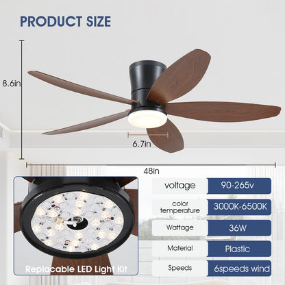 Ceiling Fans with Lights-36 Low Profile Ceiling Fan with Light and Remote/APP Control,Flush Mount,DC Reversible,LED Dimmable Blakc Ceiling Fans for Bedroom,Indoor/Outdoor Patio Use