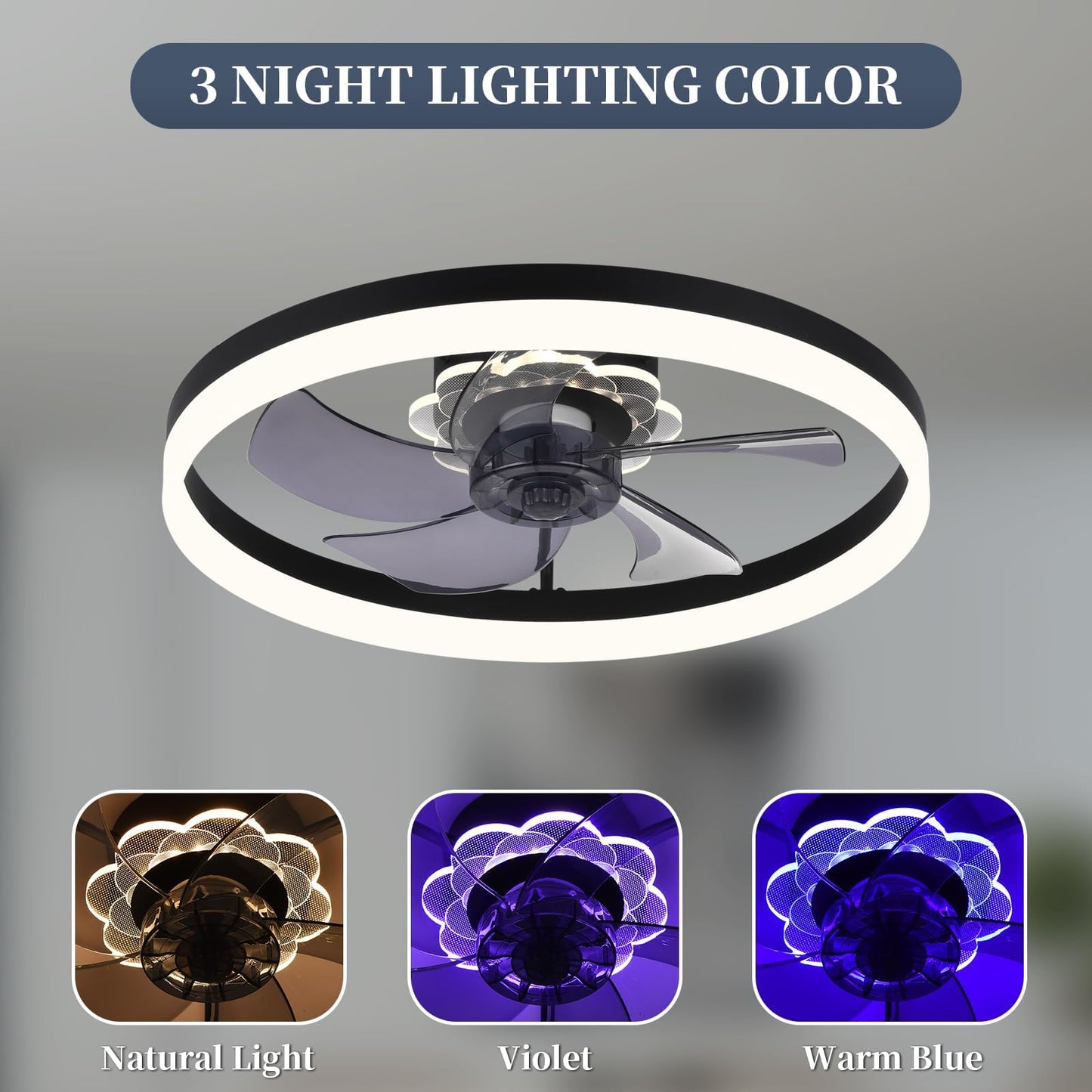 20‘’ Ceiling Fan with Light, Upgraded Low Profile Fan, Flush Mount Ceiling Fan, 6 Speeds, Dimmable LED, App & Remote Control, Quiet DC Motor, for Bedroom, Living Room, F115 White