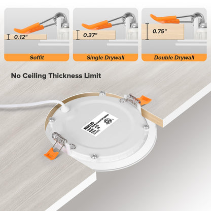 12 Pack 6 Inch 5CCT Ultra-Thin LED Recessed Ceiling Light with Junction Box, 2700K-5000K Selectable, 1050LM High Brightness, Dimmable Canless Wafer Downlight, 12W 120V, ETL