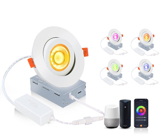 Cloudy Bay Eyeball 5 Color 4 inch Gimbal LED Recessed Light with Junction Box,9.5W CRI90+ 2700K/3000K/3500K/4000K/5000K Selectable,Dimmable Canless Ceiling Spot Light,Damp Location,Black,Pack of 6