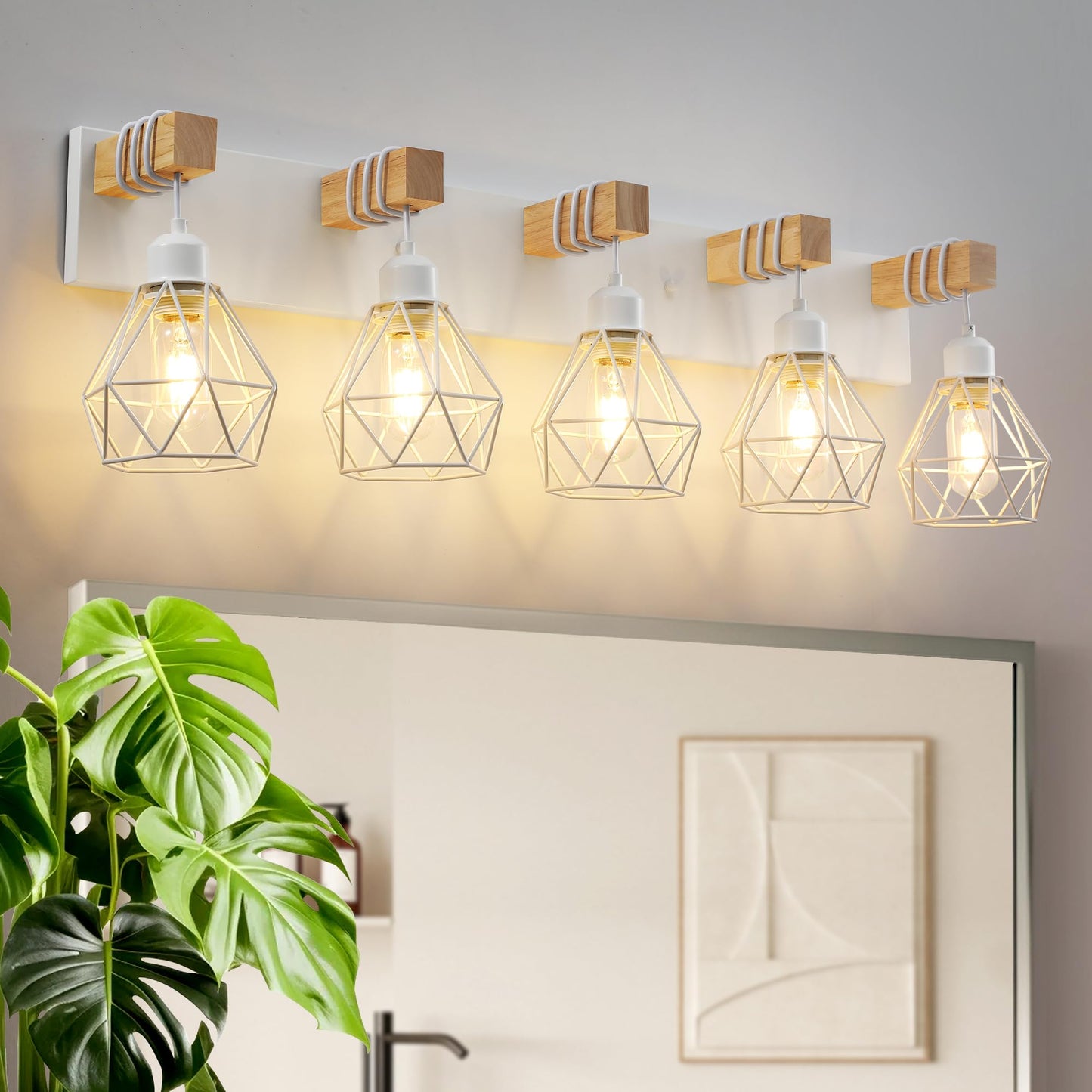 Farmhouse Vanity Light for Bathroom, 3-Light Wood Bathroom Vanity Light Fixtures Over Mirror, Rustic Sconces Wall Lighting with Metal Lampshade for Living Room, Bedroom, Hallway