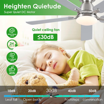 Ceiling Fans with Lights- 52" Low Profile Indoor Ceiling Fan with Light and Remote/APP Control, Flush Mount, LED Dimmable DC Reversible Modern Ceiling Fan for Bedroom（Black）