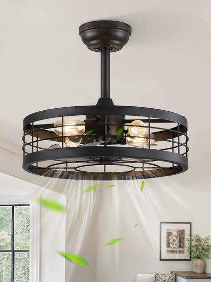 LEDIARY 16.5 inch Black Caged Ceiling Fan with Light, Fandelier Industrial Ceiling Fan with Remote, Farmhouse Fan Lights Ceiling Fixtures for Kitchen, Bedroom, Outdoor（6 Speed, Timing）-Black