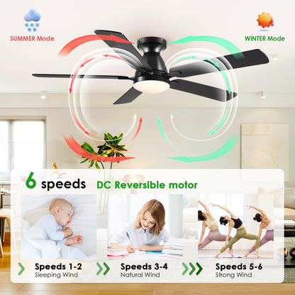 Ceiling Fans with Lights- 52" Low Profile Indoor Ceiling Fan with Light and Remote/APP Control, Flush Mount, LED Dimmable DC Reversible Modern Ceiling Fan for Bedroom（Black）