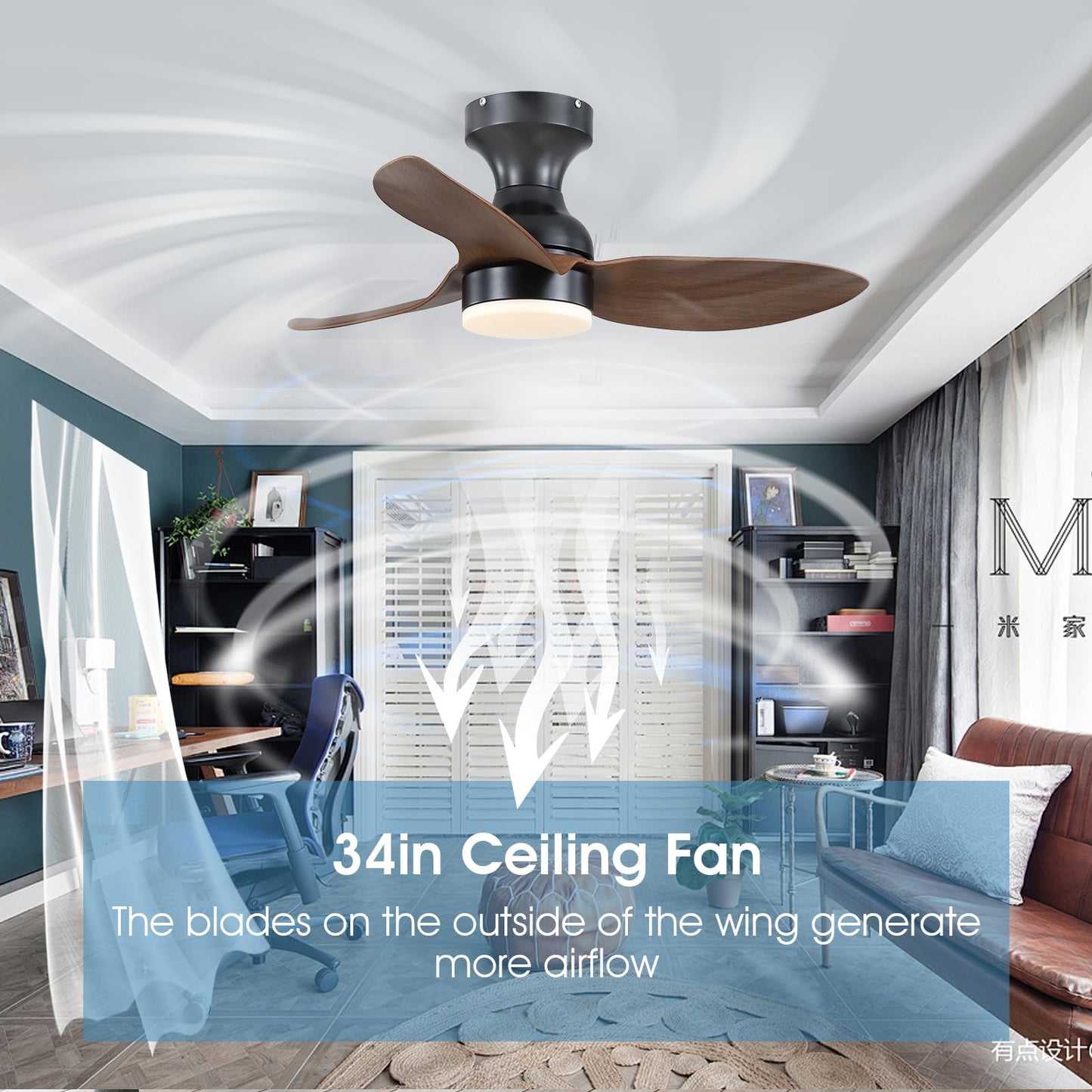 Ceiling Fans with Lights-36 Low Profile Ceiling Fan with Light and Remote/APP Control,Flush Mount,DC Reversible,LED Dimmable Blakc Ceiling Fans for Bedroom,Indoor/Outdoor Patio Use